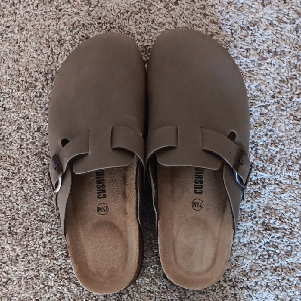CUSHIONAIRE Gray and Brown Mules with Perforated Strap